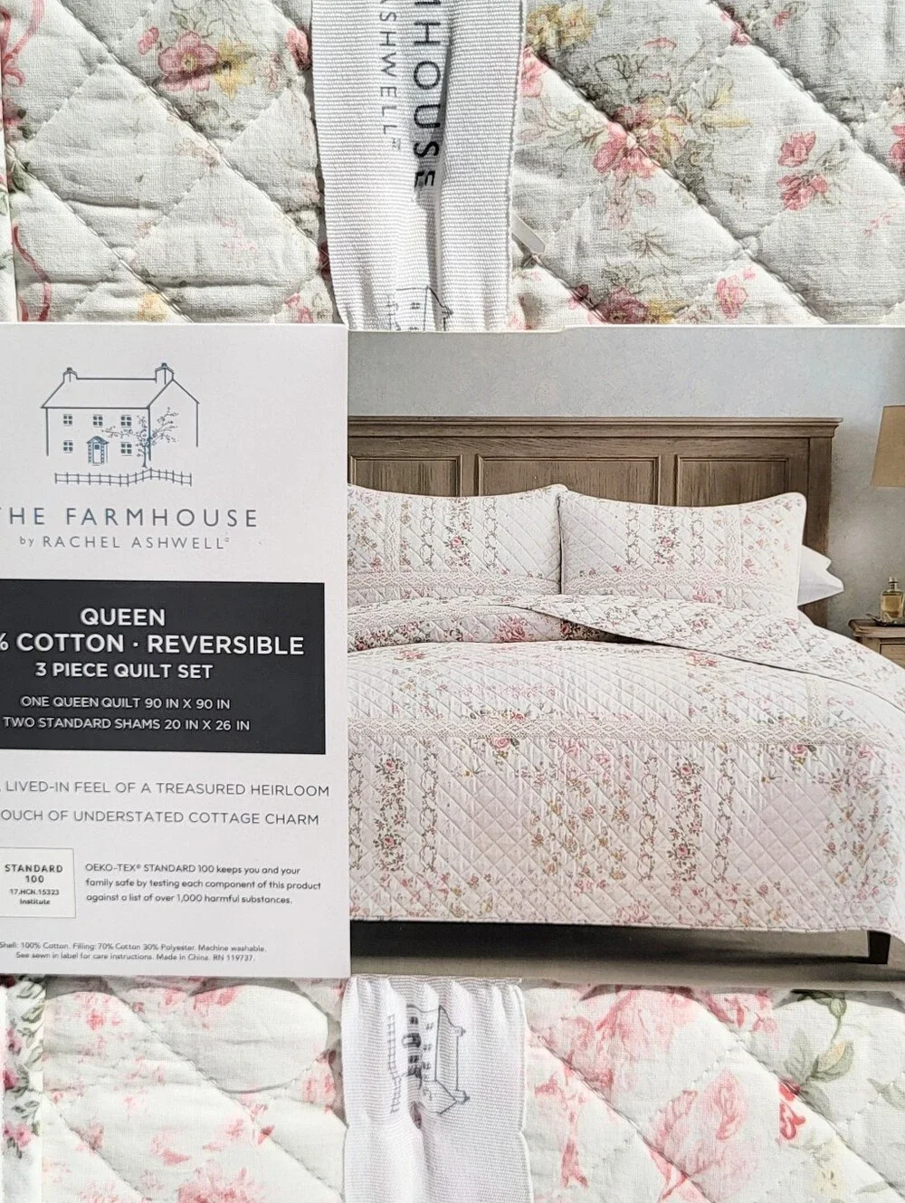 The Farmhouse by Rachel Ashwell QUEEN 3pc Ribbon Quilt Set Cottagecore Pink